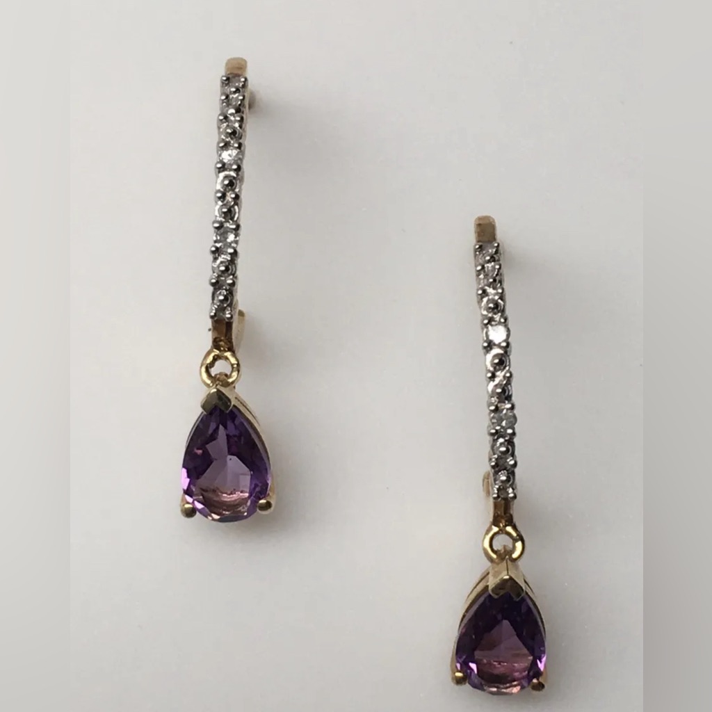 10k Yellow Gold Pear Shape Amethyst And Diamond Dangle Earrings New February